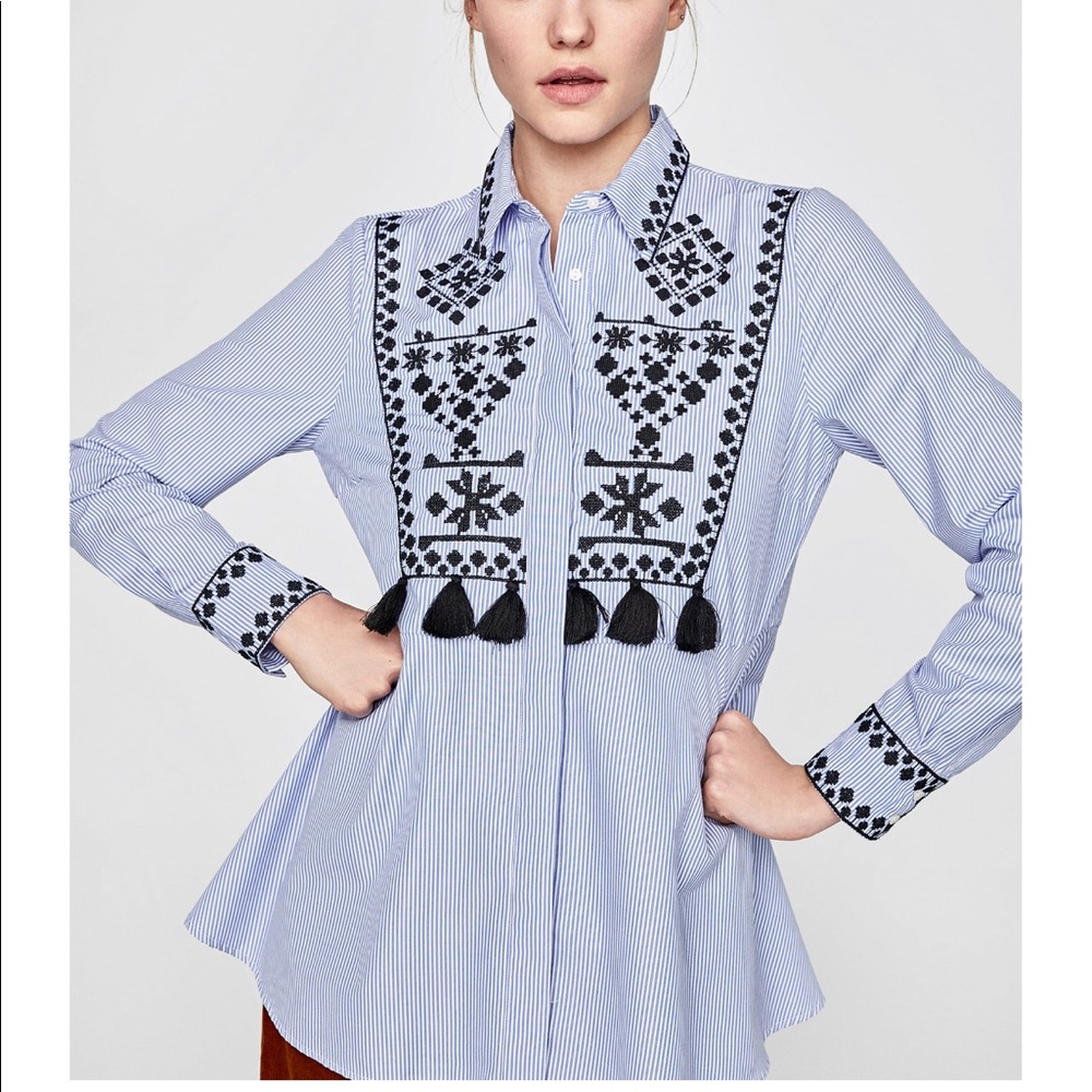 Zara STRIPED SHIRT WITH EMBROIDERY AND TASSLE